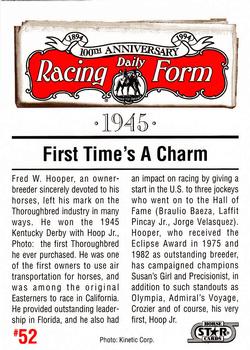 1993 Horse Star Daily Racing Form 100th Anniversary #52 Fred Hooper Back